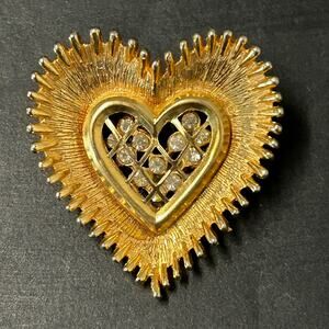 Vintage MCM Caged Rhinestone Heart in Heart‎ Brooch Gold Toned